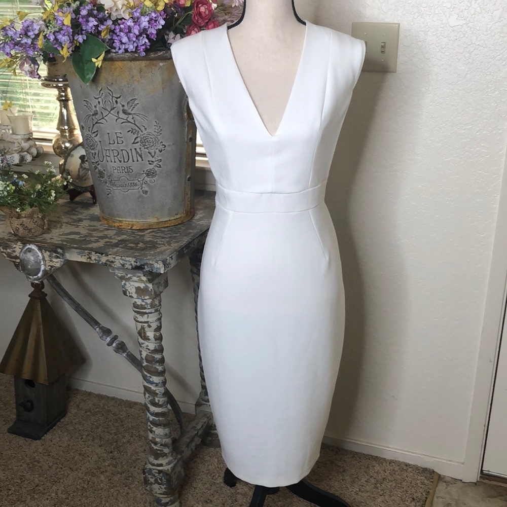 ASOS white sleeveless fitted dress with deep V